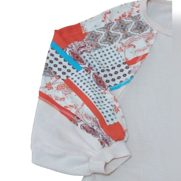 Entro Waffle Weave Knit Patchwork Puff Long Sleeve Top White Orange 1X - Picture 3 of 9